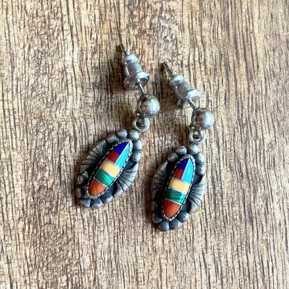 Vintage WM Wheeler Native American Navojo Sterling Silver Inlay Earring - Picture 4 of 13